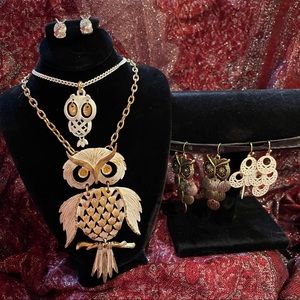 Owl Jewelry Bundle, 2 Bird Necklaces, 3 Earrings